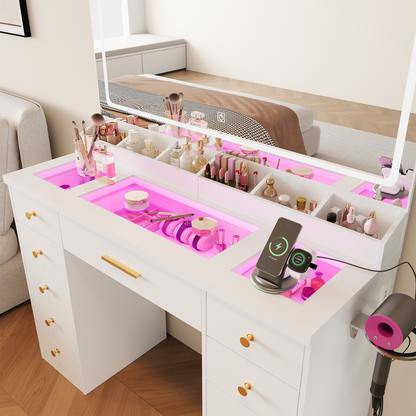 LAKEMID White Vanity Desk with Mirror & Lights – Glass Top, 11 RGB Drawers