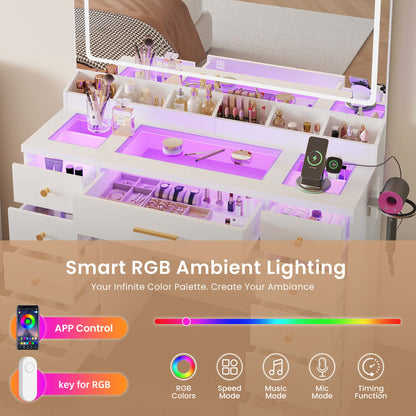 LAKEMID White Vanity Desk with Mirror & Lights – Glass Top, 11 RGB Drawers