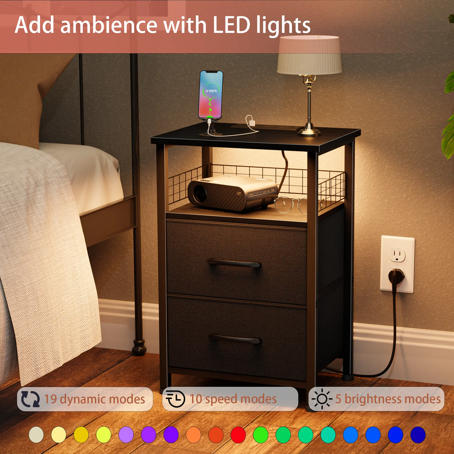 LAKEMID LED Side Table with Charging Station 2 PU-Coated Fabric Drawers