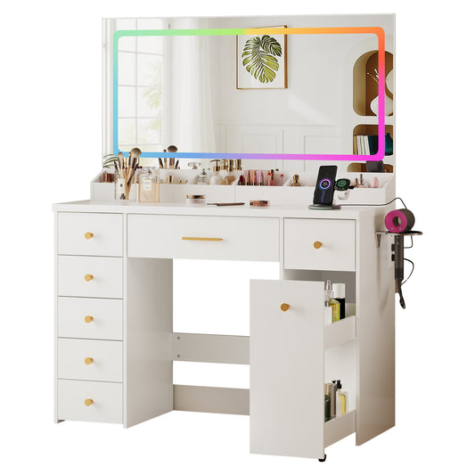 LAKEMID Makeup Vanity Desk with Large Mirror and Lights,43.3in Make Up Vanity with 7 Drawers,Modern Vanity Table with Charging Station