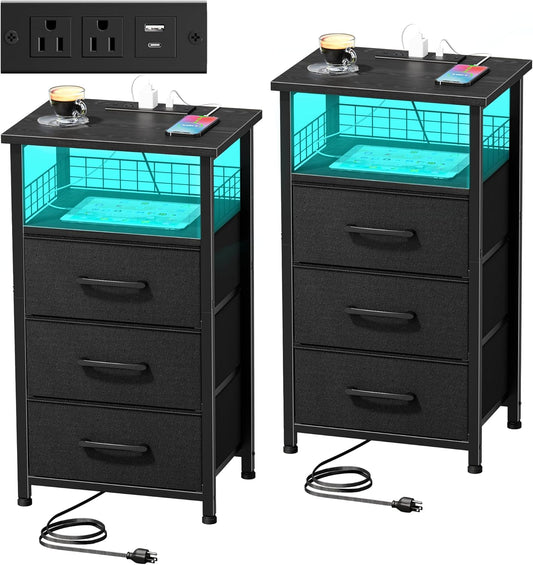 Night Stand Set of 2 with Charging Station & RGB LED Lights 3 Fabric Drawers