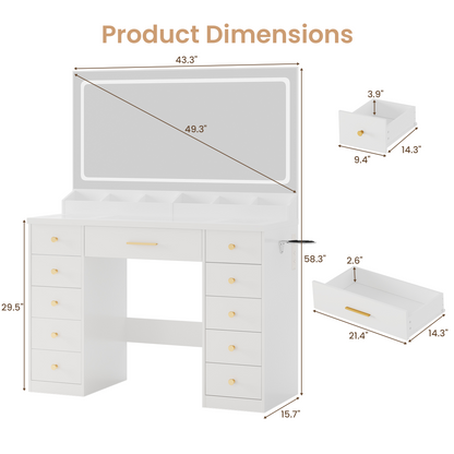 LAKEMID White Vanity Desk with Mirror & Lights – Glass Top, 11 RGB Drawers