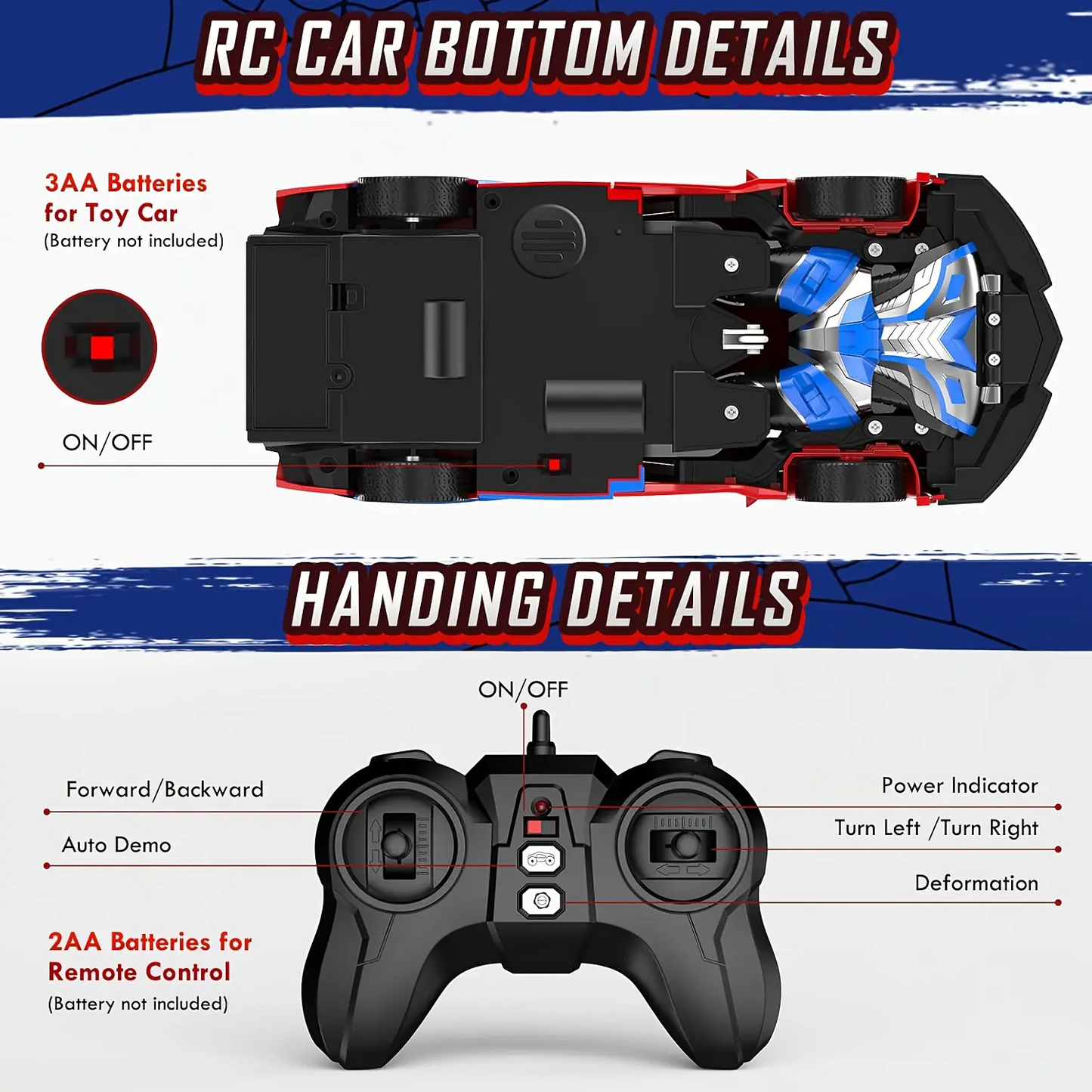 LAKEMID Spider-Man Transform Robot RC Car One-Button Deformation 360 Drifting LED Lights