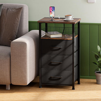 Night Stand Set of 2 with Charging Station & RGB LED Lights 3 Fabric Drawers