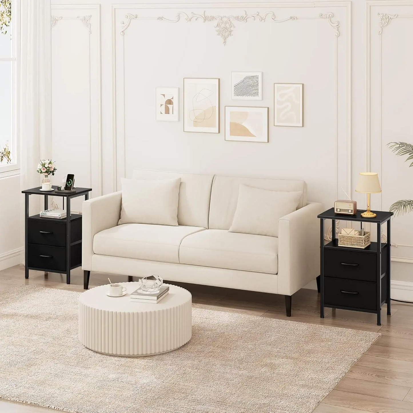 LAKEMID LED Side Table with Charging Station 2 PU-Coated Fabric Drawers