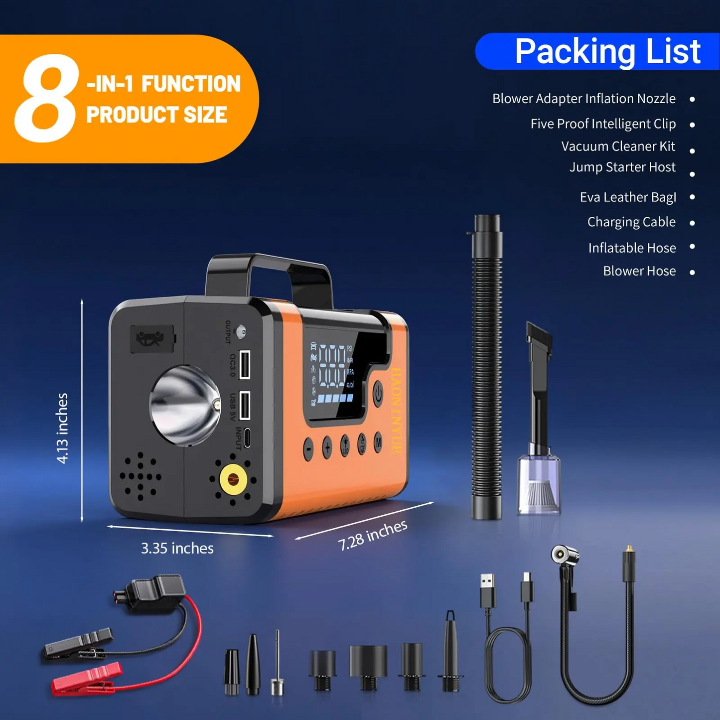 LAKEMID Portable Car Jump Starter 15000mAh 150 PSI Air Compressor 8-in-1 Emergency Kit