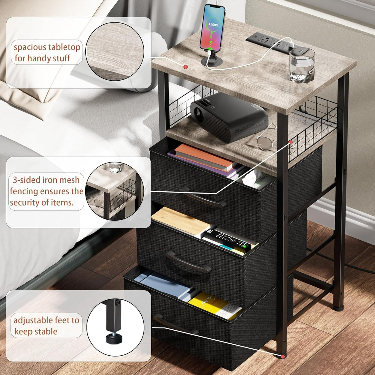 Night Stand Set of 2 with Charging Station & RGB LED Lights 3 Fabric Drawers
