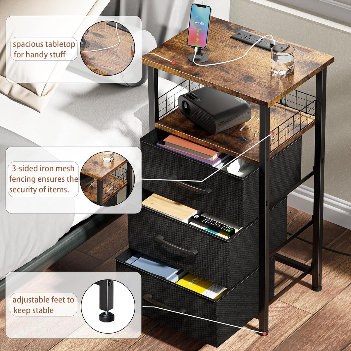 Night Stand Set of 2 with Charging Station & RGB LED Lights 3 Fabric Drawers