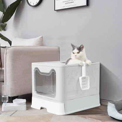 Bingopaw XXL Large Space Foldable Cat Litter Box with Front Entry & Top Exit with Tray