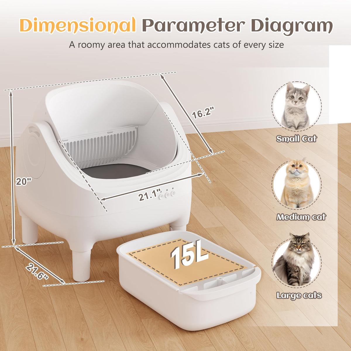 Electric Automatic Self Cleaning Cat Litter Box, Open-Top Design, Easy Odor Control, Smart APP Control, 15L Large Waste Bin, Includes Trash Bags