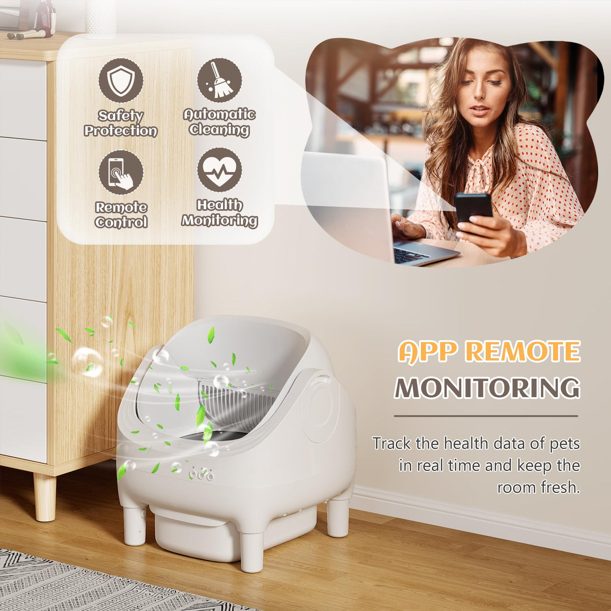 Electric Automatic Self Cleaning Cat Litter Box, Open-Top Design, Easy Odor Control, Smart APP Control, 15L Large Waste Bin, Includes Trash Bags